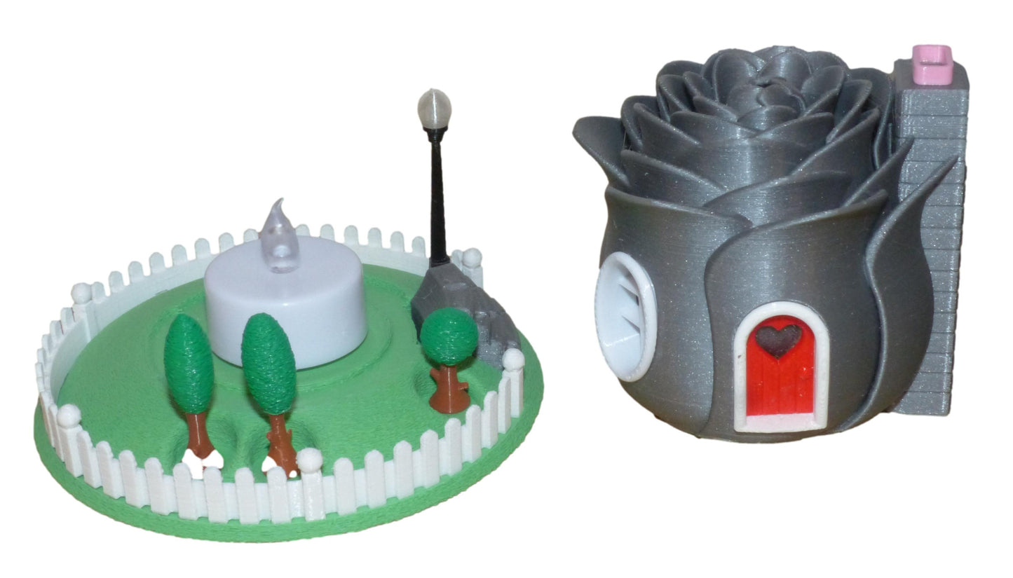 3D Printed Illuminated Rose Fairy House with Base and Tealight Ornament
