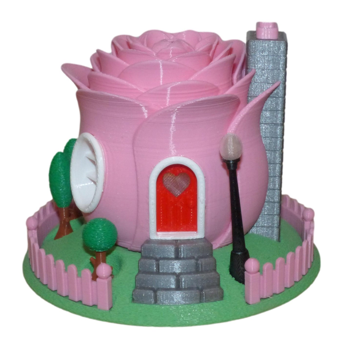 3D Printed Illuminated Rose Fairy House with Base and Tealight Ornament in pink