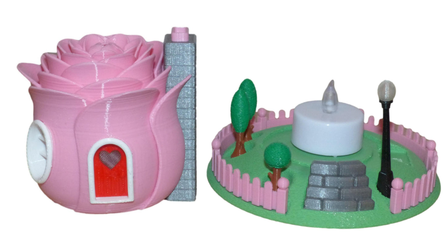 3D Printed Illuminated Rose Fairy House with Base and Tealight Ornament in pink