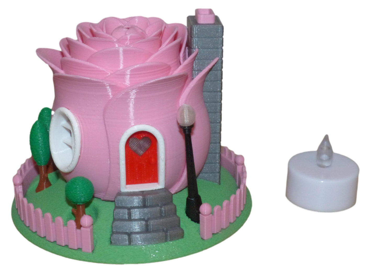 3D Printed Illuminated Rose Fairy House with Base and Tealight Ornament in pink