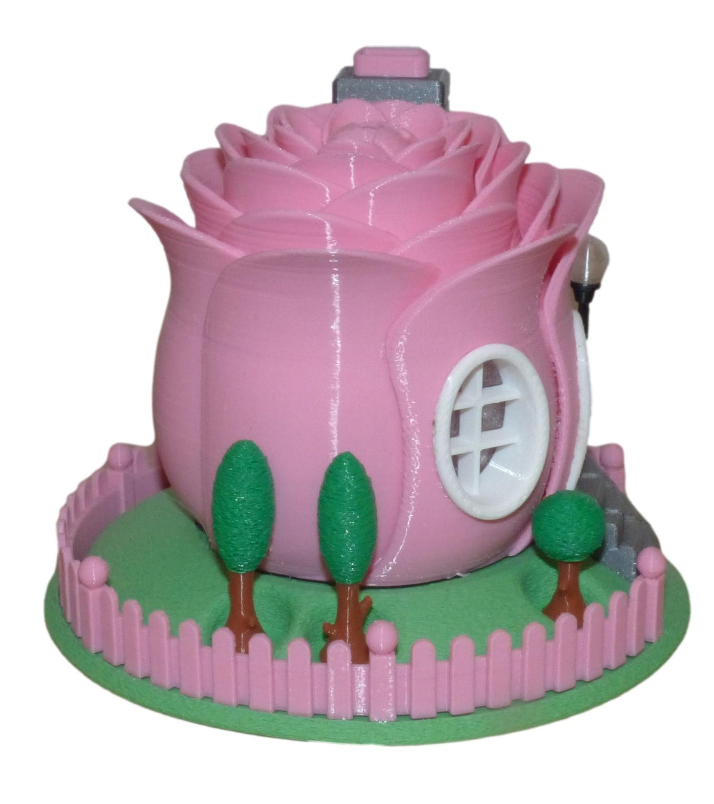 3D Printed Illuminated Rose Fairy House with Base and Tealight Ornament in pink