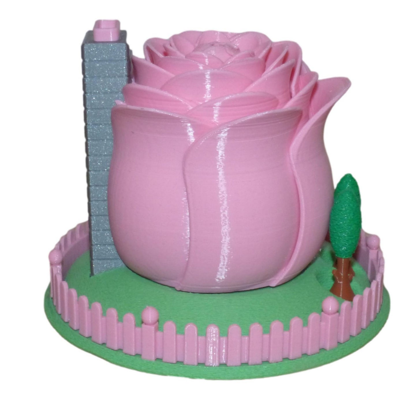 3D Printed Illuminated Rose Fairy House with Base and Tealight Ornament in pink