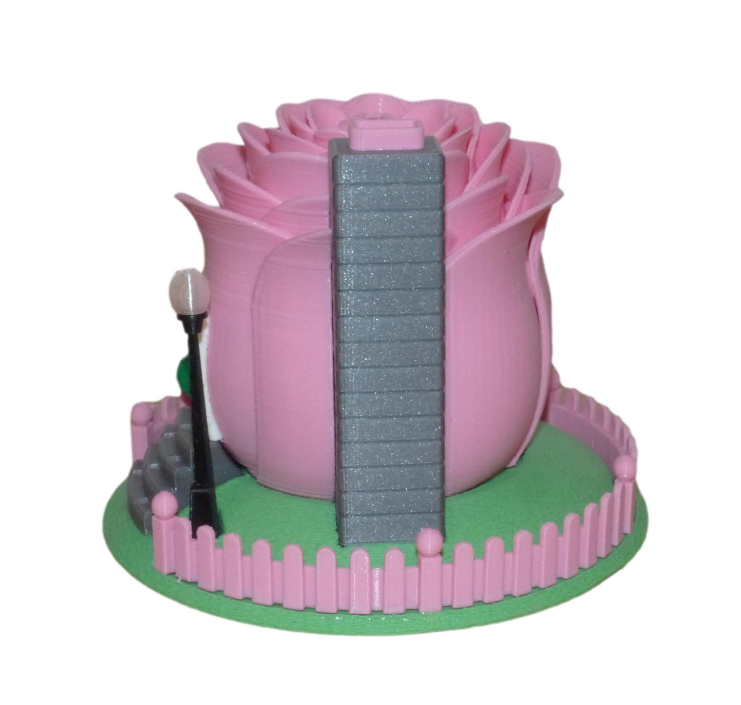 3D Printed Illuminated Rose Fairy House with Base and Tealight Ornament in pink