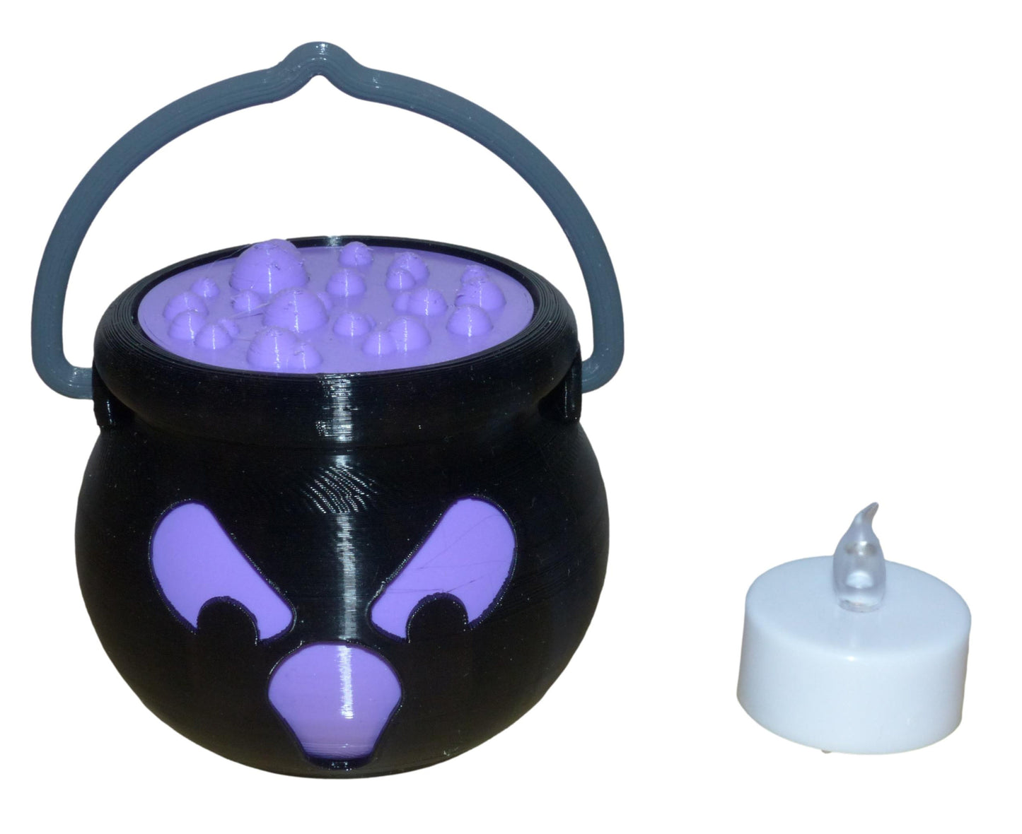 3D-Printed Spooky Witch's Cauldron with Handle, Removable Lid and LED Tealight