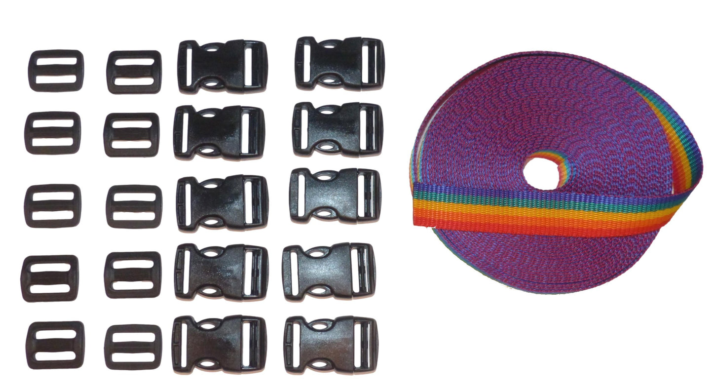 Benristraps 25mm Heavy-Duty Webbing and Branded  Buckle Sets for Straps, Bags, Crafts in rainbow colours