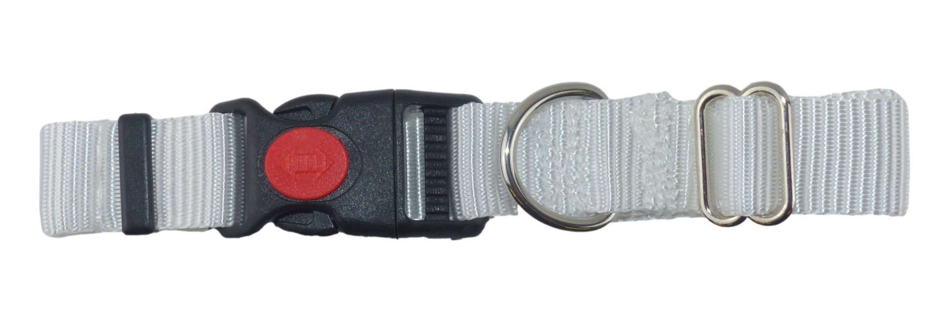 Benristraps dog collar in white with a red button on a white background