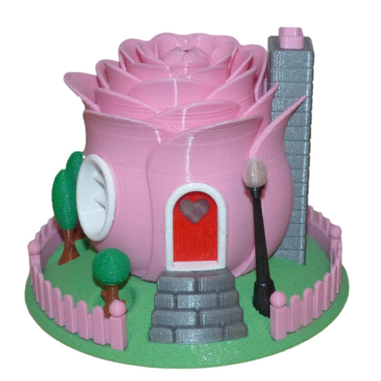 3D Printed Illuminated Rose Fairy House with Base and Tealight Ornament in pink