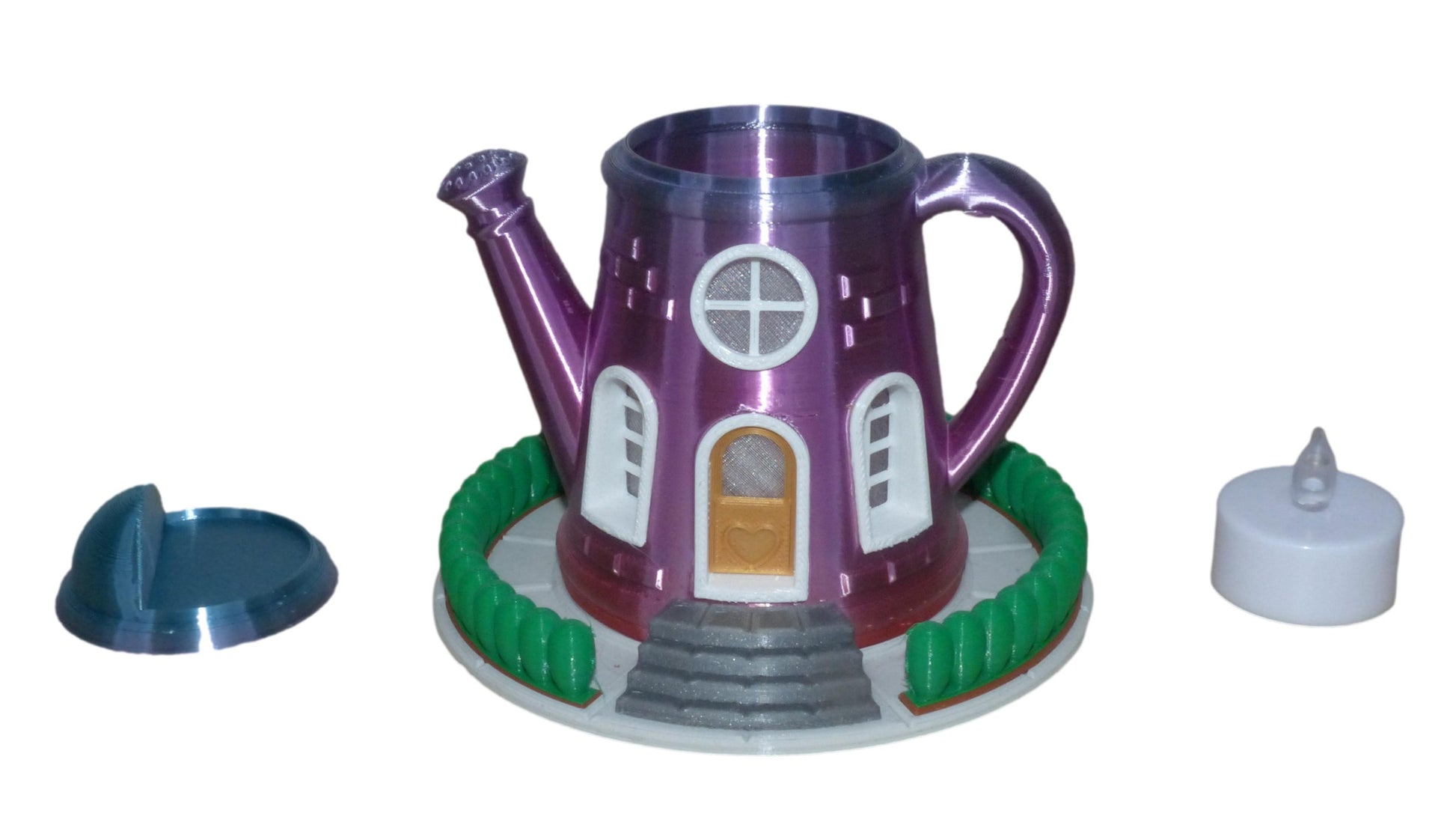 Watering Can Fairy House with LED Tealight Ornament in Rainbow