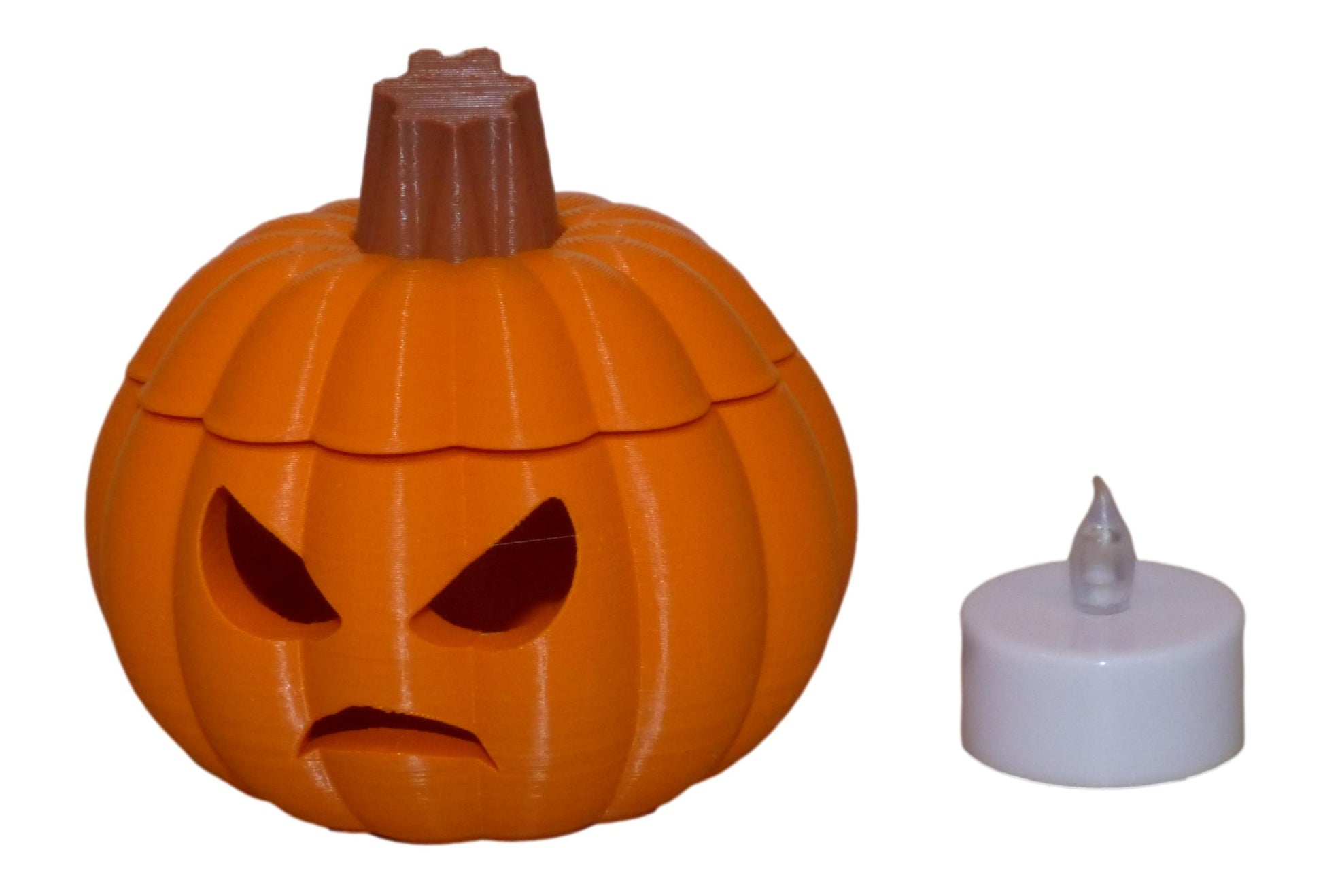 3D Printed Halloween Pumpkin with LED Tealight, orange, scowling face