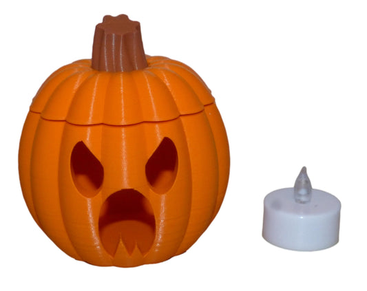 3D Printed Halloween Pumpkin with LED Tealight, orange, screaming face