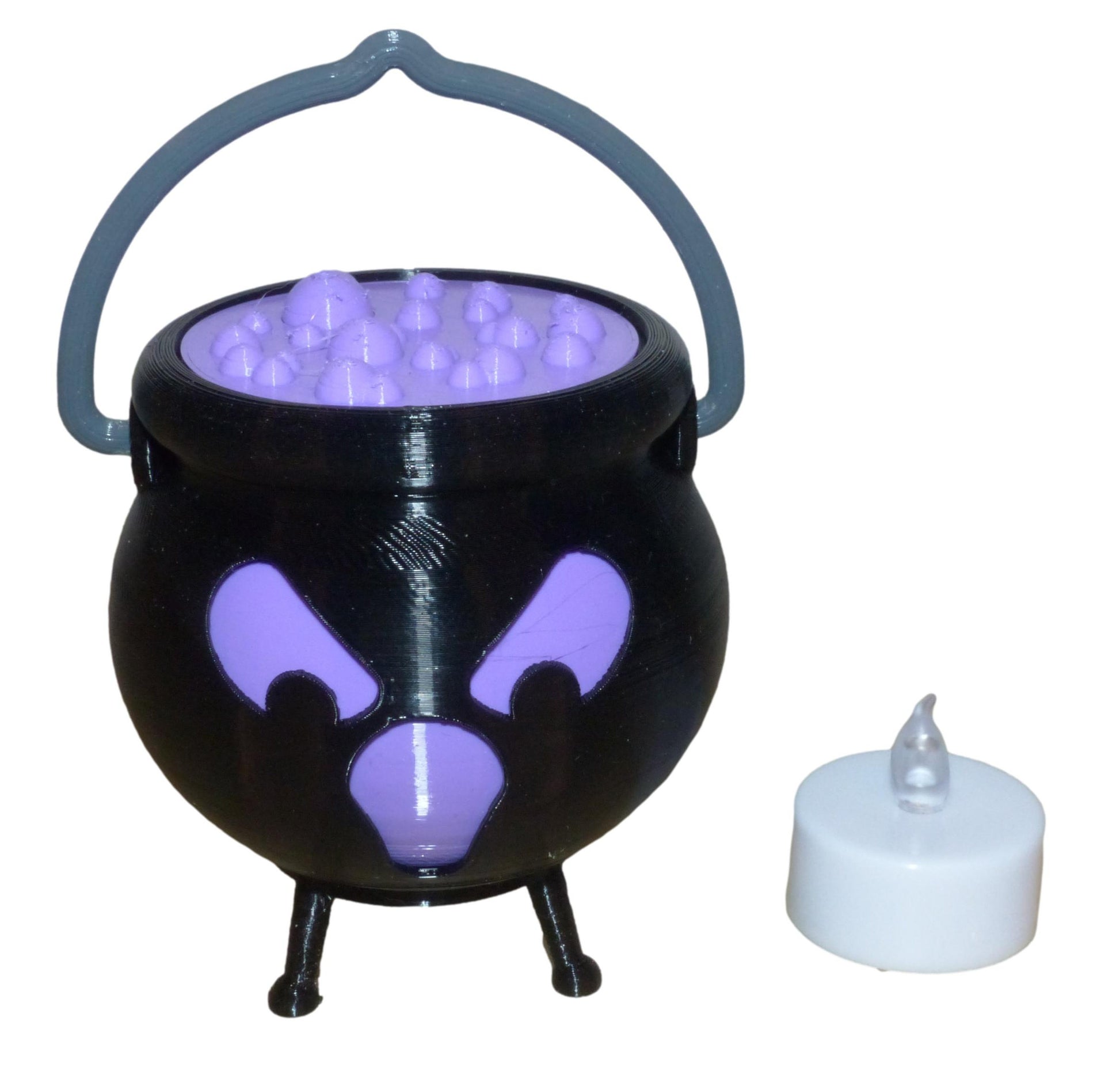 3D-Printed Spooky Witch's Cauldron with Handle, Removable Lid and LED Tealight